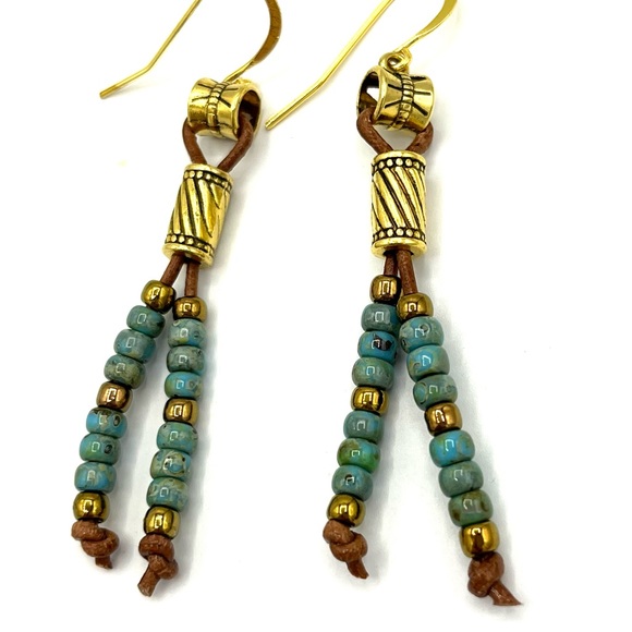 HAND CRAFTED Boho Leather Earrings with Gold and Turquoise - Picture 4 of 5